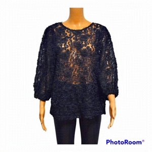 KAFFE All-Over Black Floral Lace 3/4 Sleeve Top